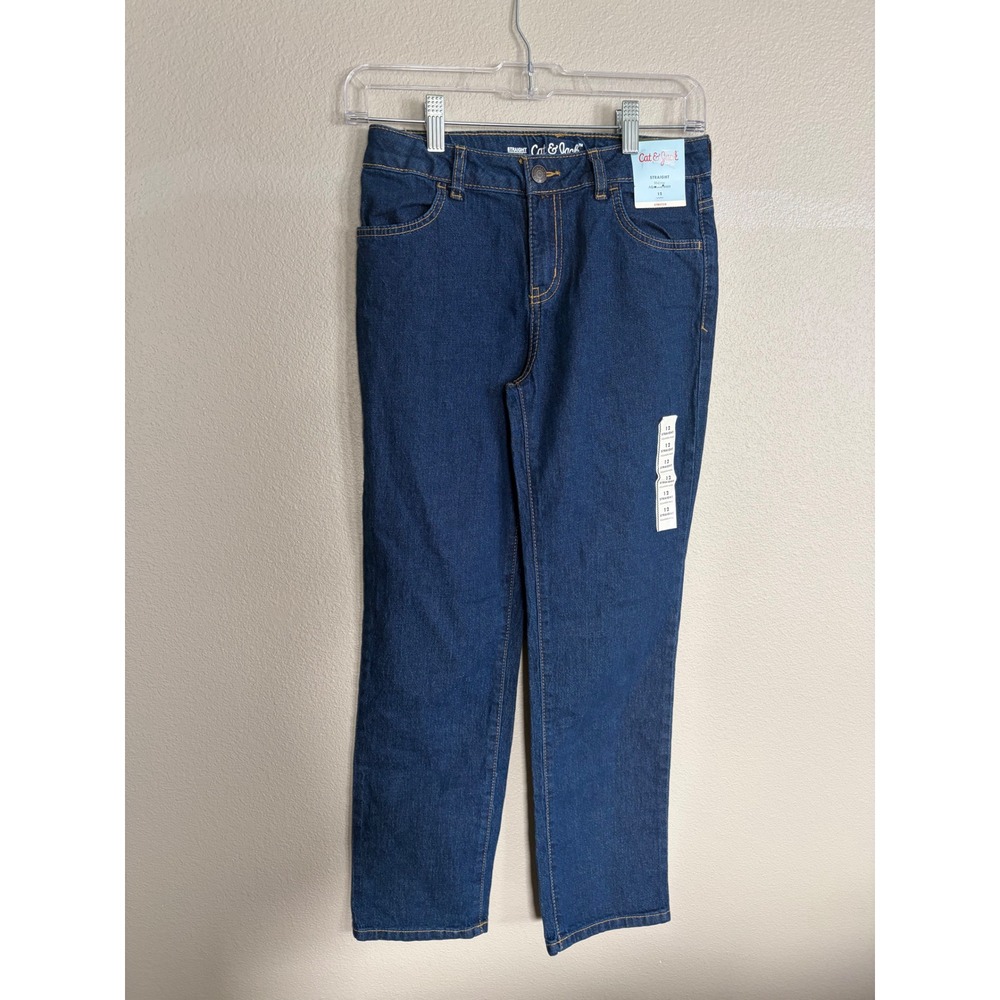 Cat & Jack Kids Straight Leg Jeans Dark Wash Adjustable Waist Size 12 NWT